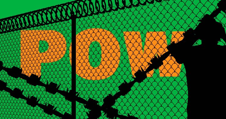 Animazione del testo "pow" con filo spinato e silhouette di uomo su sfondo trasparente