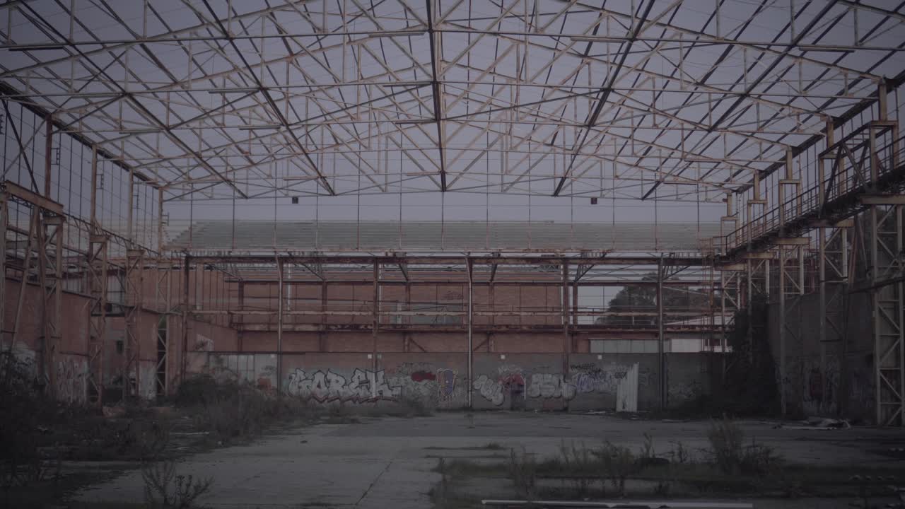 Abandoned warehouse - walking backwards inside with wild vegetation and murals