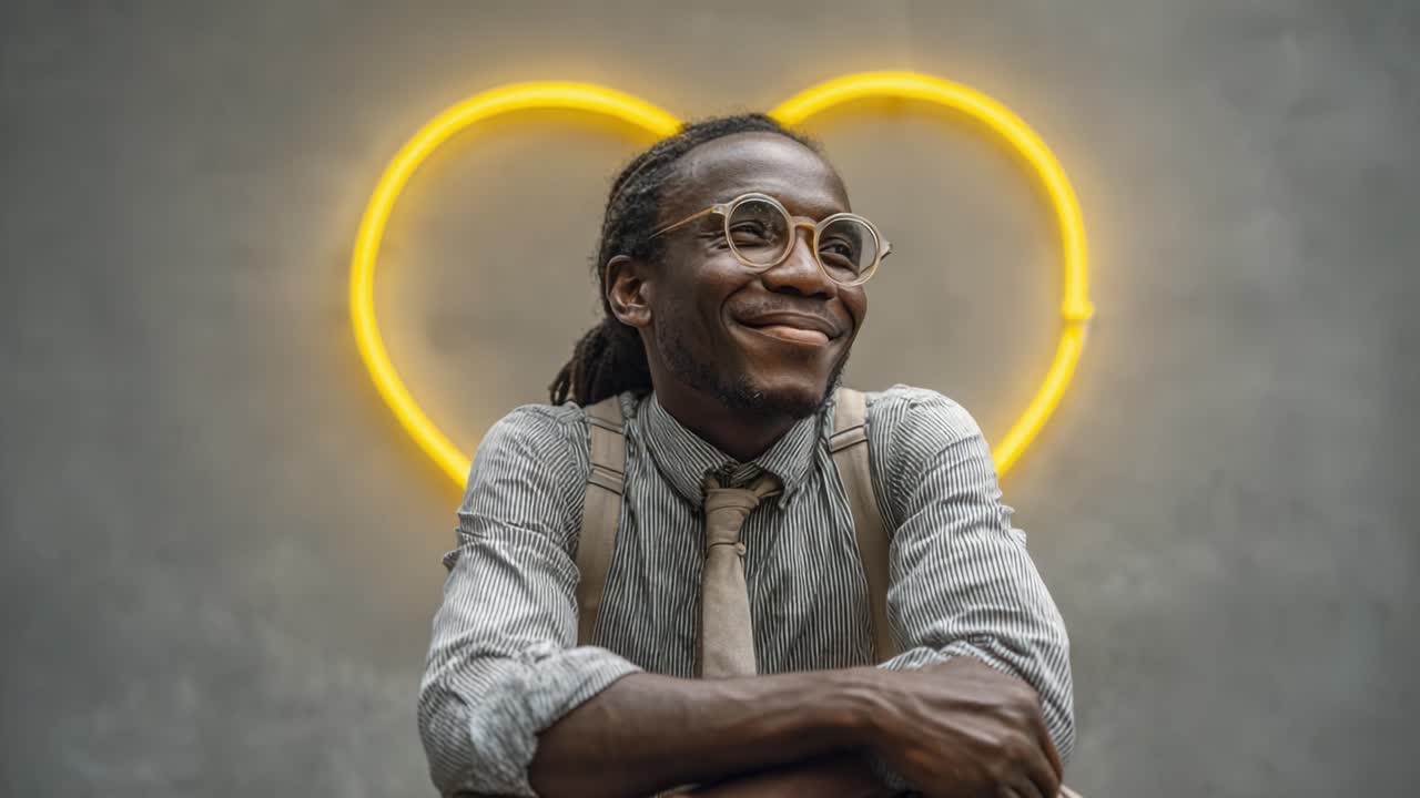 A Joyful Moment Captured: A Smiling Man Poses Effortlessly against a Softly Glowing Heart-Shaped Neon Light, Radiating Positivity and Charm