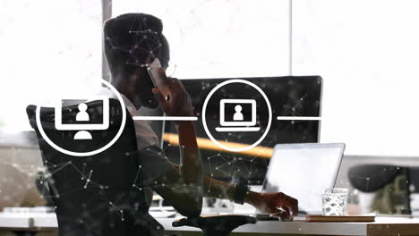 animation of icons and data processing over african american businesswoman with smartphone