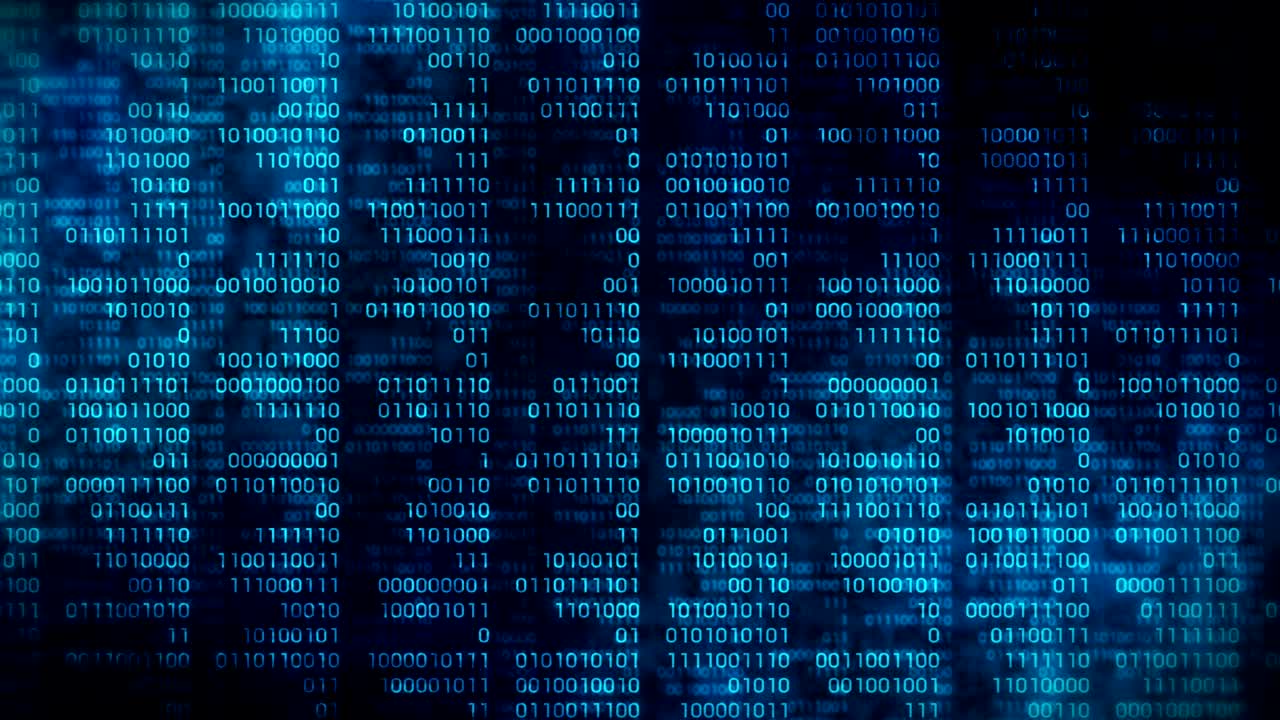 Binary code dark blue background. Web online streaming with digital technology loop animation. Number zero and one. Computer network.