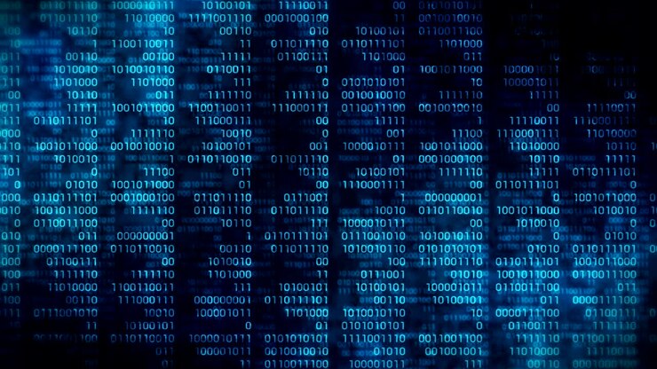 Binary code dark blue background. Web online streaming with digital technology loop animation. Number zero and one. Computer network.
