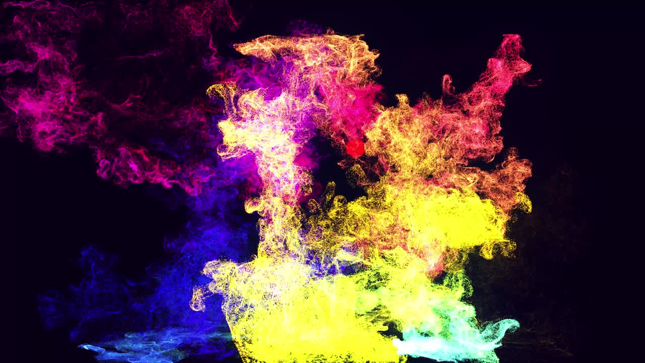 Sfondo colorato e bellissimo con particelle magiche scintillanti. Particelle luminose che si diffondono come un effetto inchiostro. Luma matte come canale alfa. L'emettitore rilascia un vortice di particelle luminose che formano una struttura a nuvola d'inchiostro.