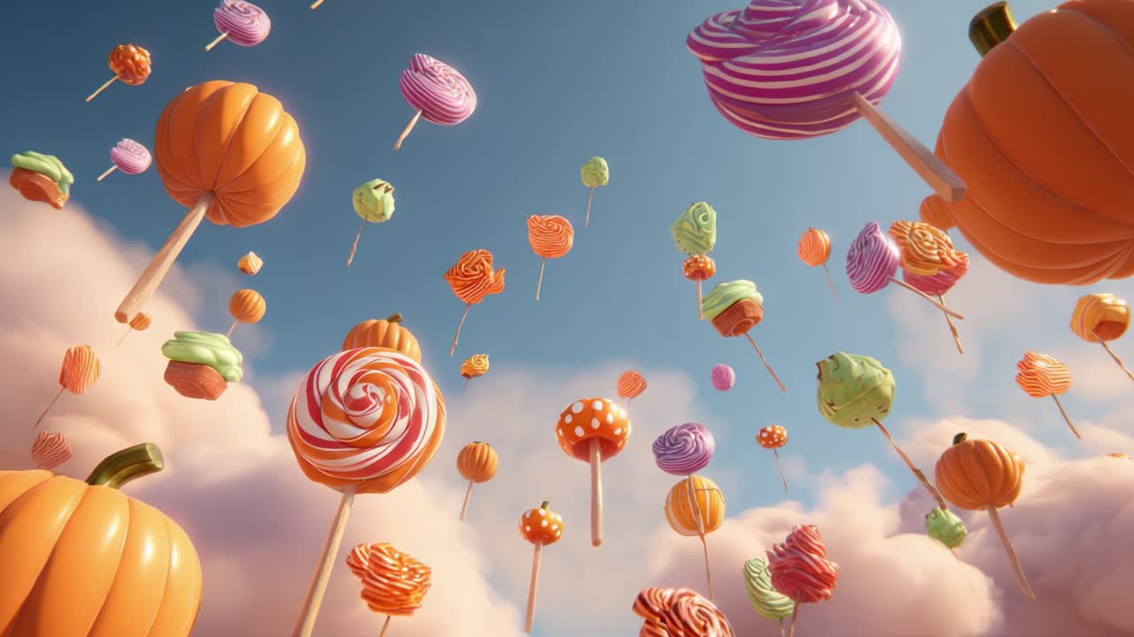 A Whimsical World of Floating Candies: A Dreamlike Scene Filled with Colorful Lollipops and Playful Pumpkins Against a Bright Sky
