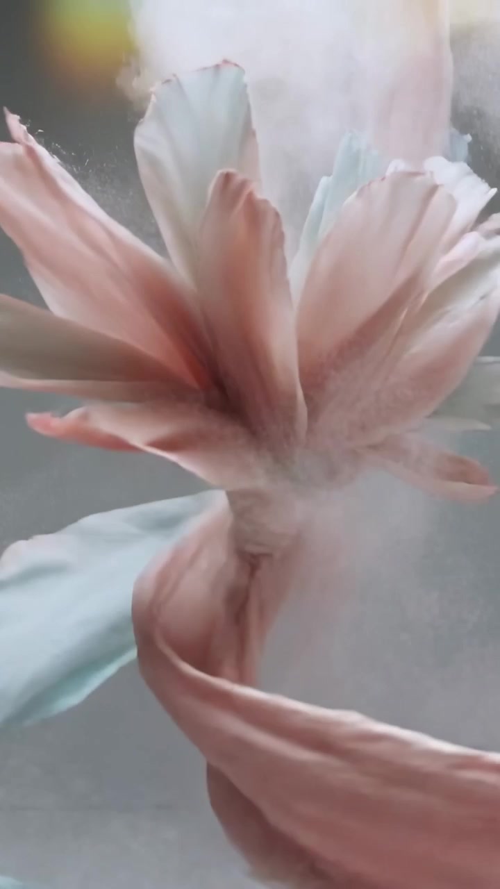 Video verticale: Nastri rosa-verde acqua che si alzano e si aprono in un'ampia fioritura in uno studio grigio, con polvere sollevata dall'aria.