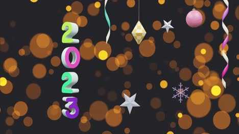 Animation-of-2023-text-and-christmas-decorations-in-background