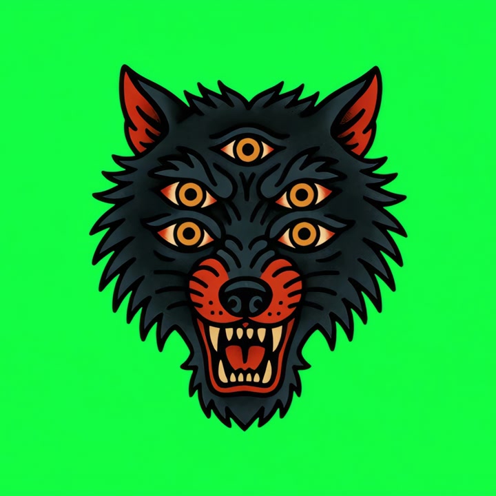 Animated Illustration of a Multi-Eyed Wolf Head on Green Background