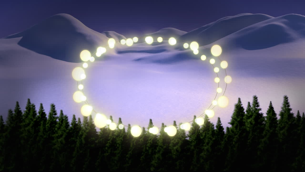 Animation of fairy light frame with copy space over fir trees and winter scenery