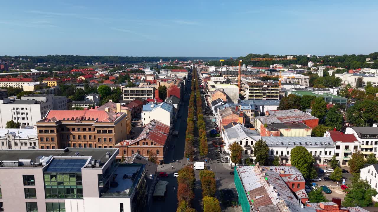 Aerial view of Laisvės Alėja (Liberty Avenue) in Kaunas, Lithuania with symmetrical tree-lined pedestrian street surrounded by historic and modern buildings on a sunny day