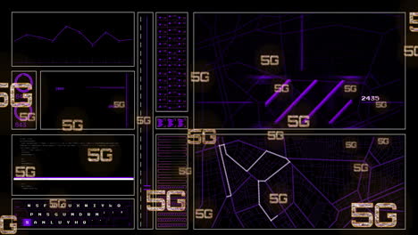 Animation-of-5g-text-with-icons-and-data-processing-over-dark-backgorund