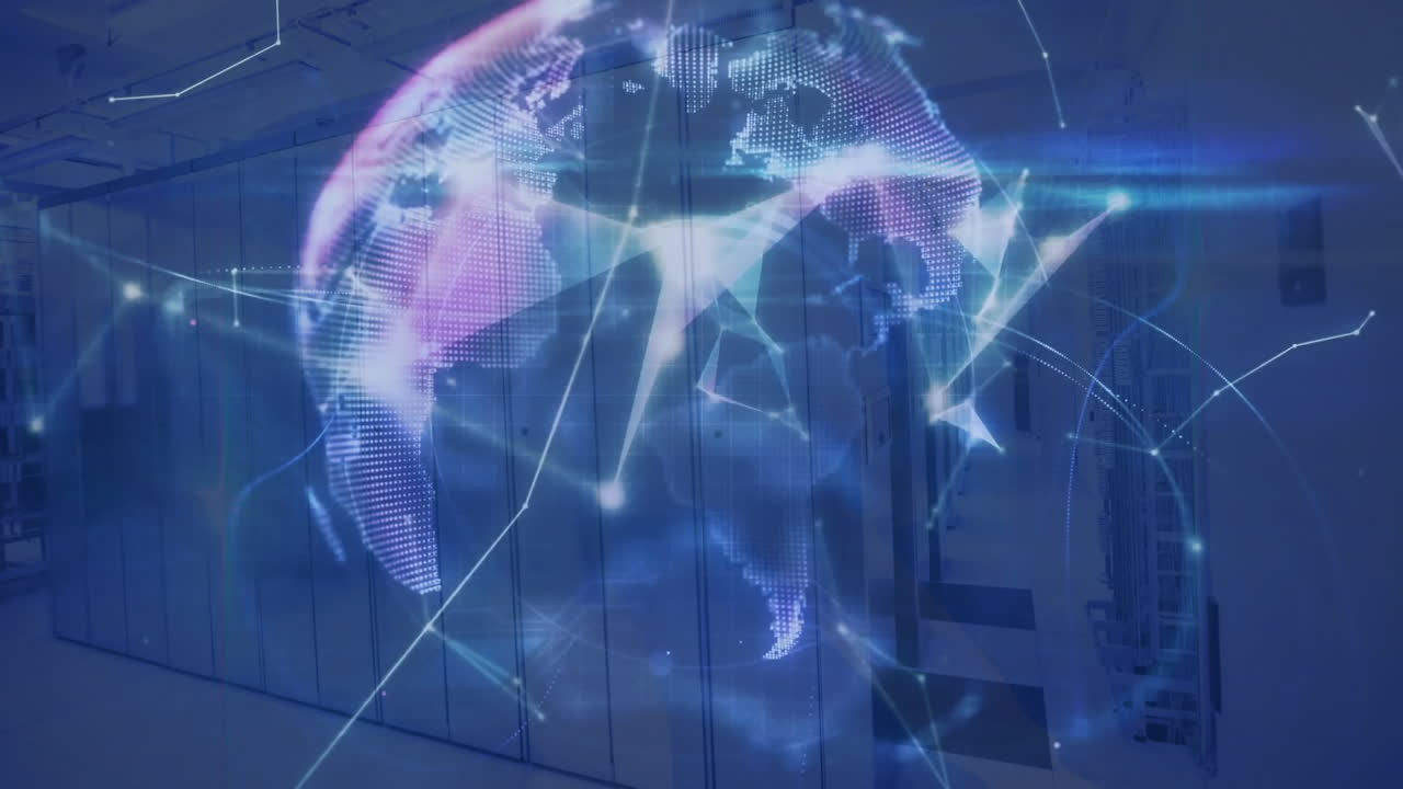 빛나는 지구와 데이터 센터 서버를 통해 네트워크 연결 애니메이션