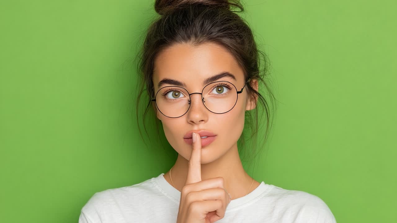 Una joven con gafas se lleva un dedo a los labios, indicando silencio, contra un vibrante fondo verde en una cautivadora serie de retratos.