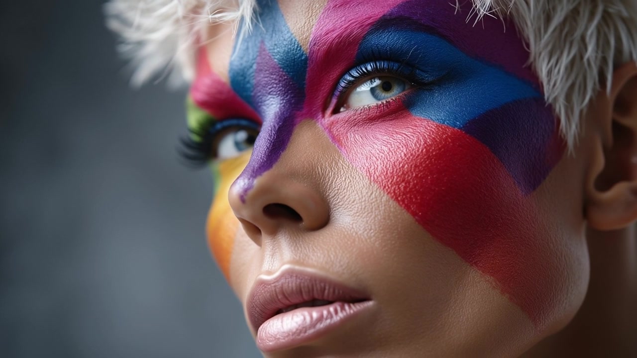 Close up portrait of a person with short blonde hair and vibrant abstract face paint closing and opening eyes