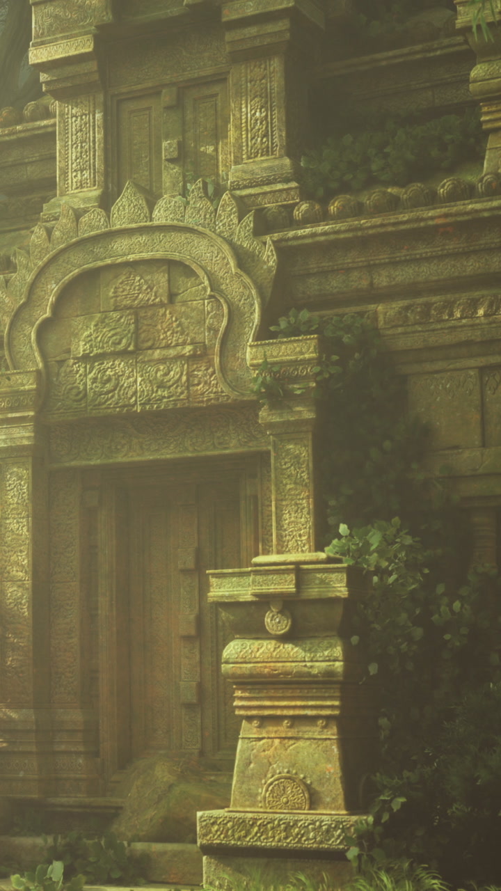 Ancient temple ruins nestled in lush greenery under soft sunlight