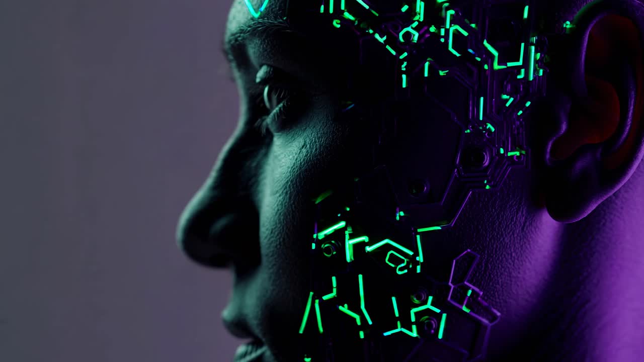 retrato de perfil de cyberpunk con circuitos brillantes