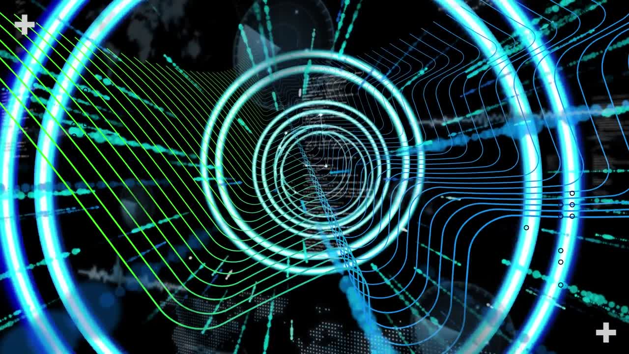 Animation of circles zooming with light beams, 3d wire mesh, network connecting dots on interface