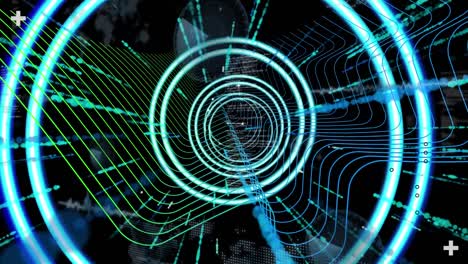 Animation-of-circles-zooming-with-light-beams,-3d-wire-mesh,-network-connecting-dots-on-interface