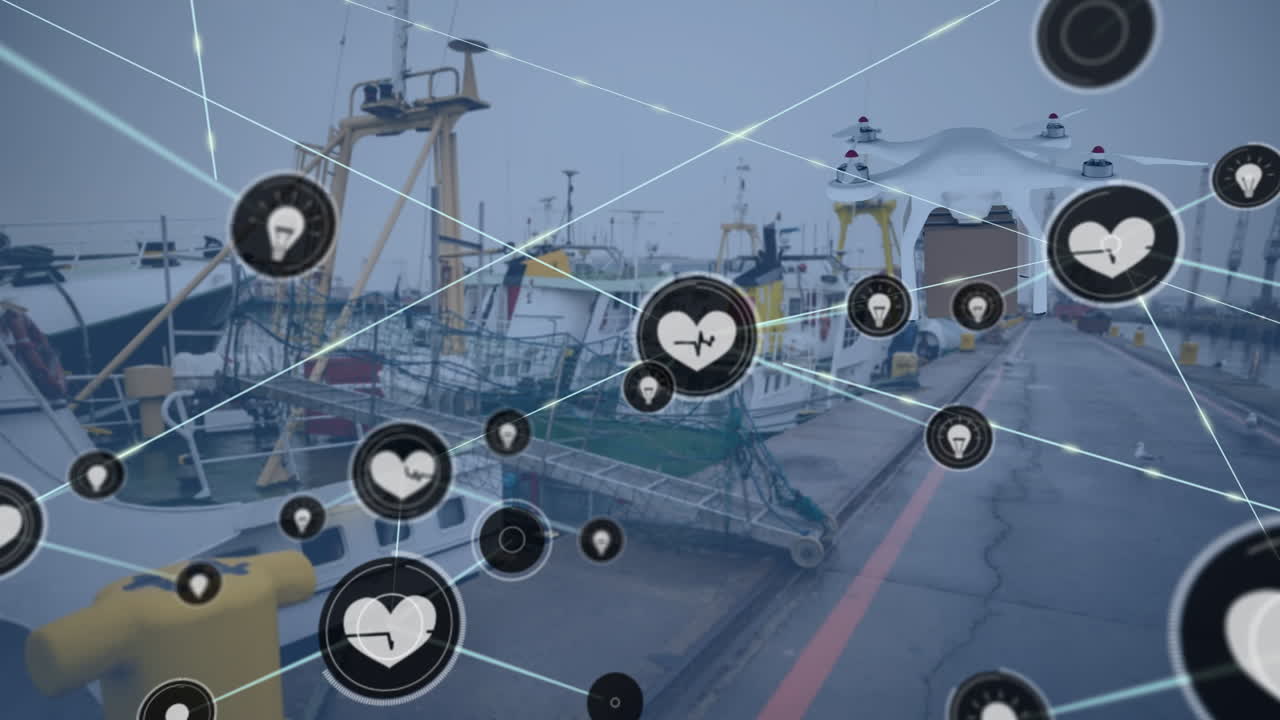 아이콘과 배달 드론이 도크 위에 있는 연결 네트워크의 애니메이션