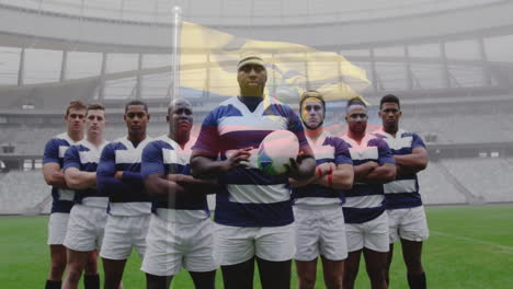 rugby team holding ball, standing confidently on field with stadium in background