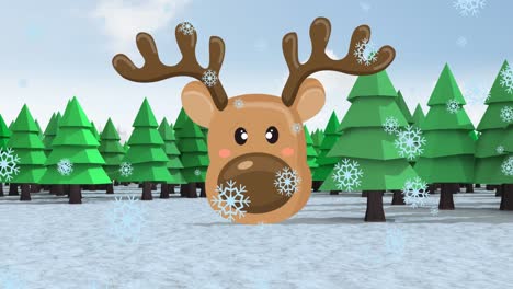 Animation-of-snowflakes-falling-over-reindeer-face-icon-and-trees-on-winter-landscape