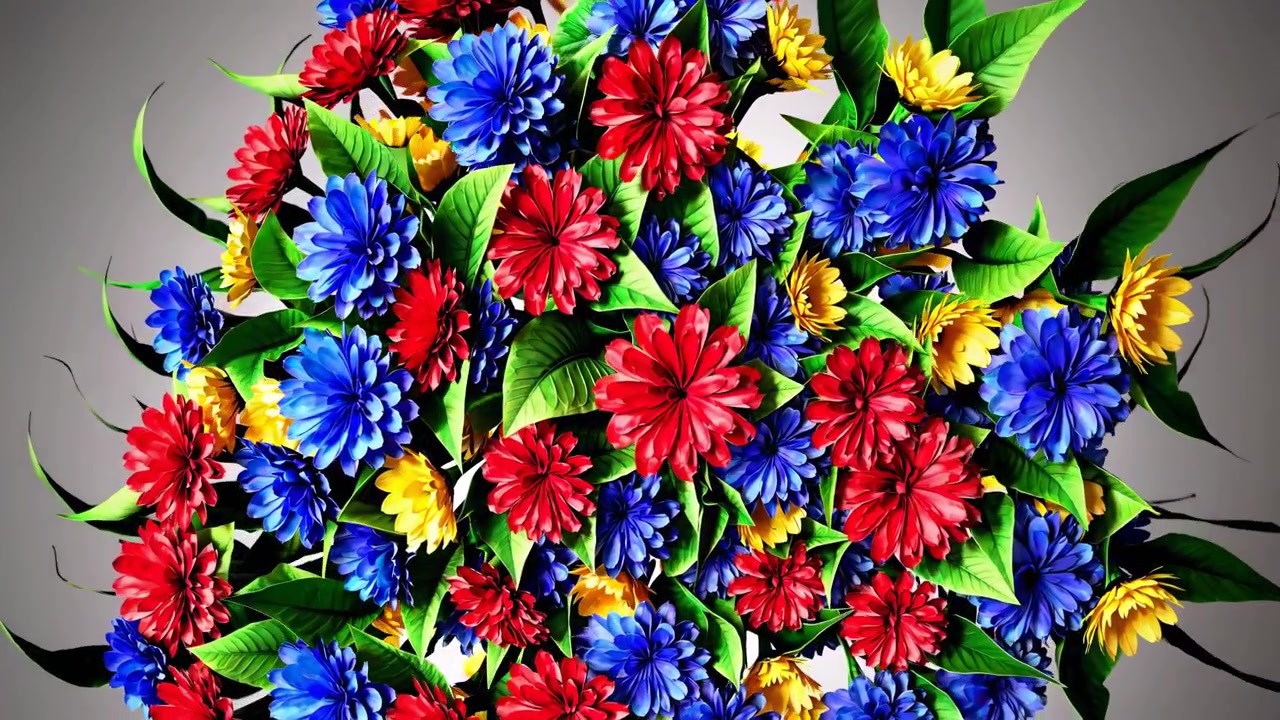 Fargerik bukett med røde, blå og gule blomster