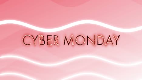 Animation-Von-Cyber-Monday-Text-In-Brennenden-Buchstaben-über-Wehenden-Weißen-Linien-Auf-Rosa-Hintergrund