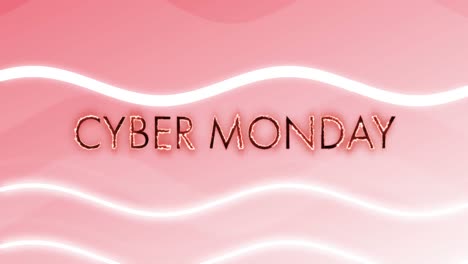 animation of cyber monday text in burning letters over waving white lines on pink background