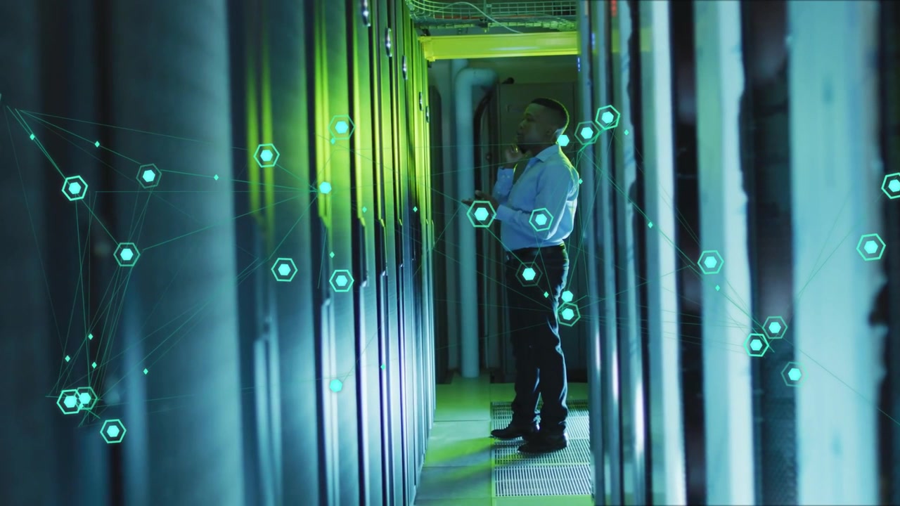 Male IT technician scanning server racks in data center, glowing hex nodes guiding equipment checks