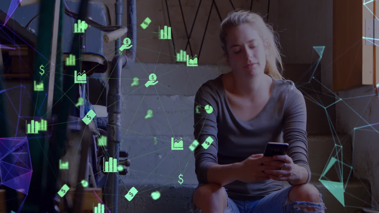 animación de iconos digitales sobre una mujer usando un teléfono inteligente