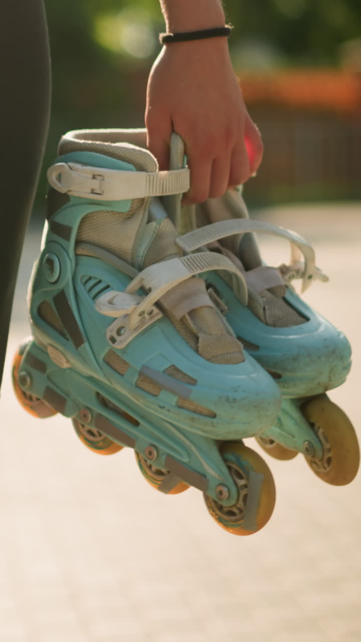 Close-up of lady wearing black short walking outdoors holding cyan roller skates in her right hand under bright sunlight, blurred background features colorful greenery