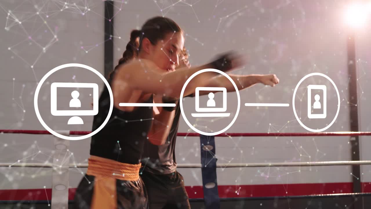Drill starting, male and female boxers sparring while overlay animating device icons for training