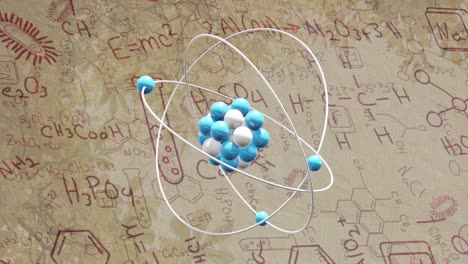 Animation-of-micro-of-atom-models-over-chemistry-formulae-on-yellow-background