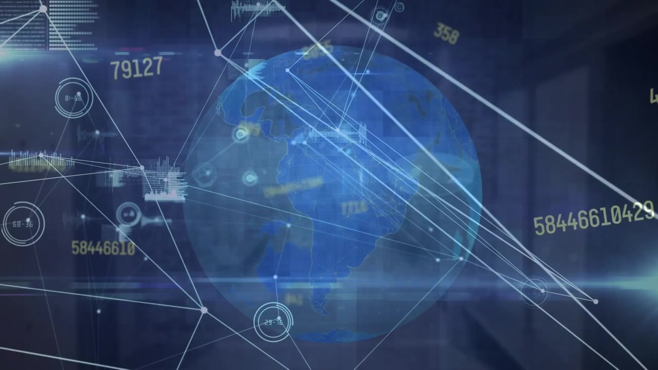 Animation of network of connections and data processing over changing numbers and globe