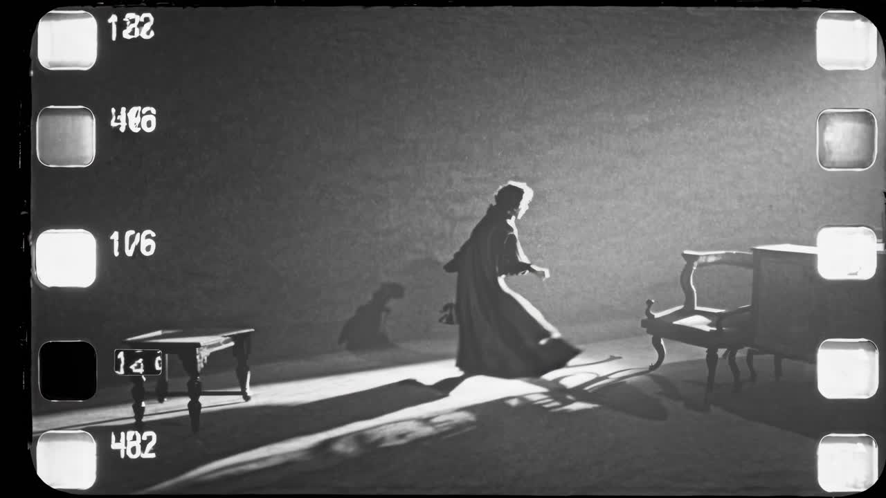 Vintage horror scene with woman in spotlight and furniture shadows