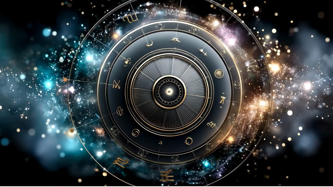 Starry astrological chart design. A detailed astrological chart displays zodiac signs against a starry cosmic backdrop, highlighting celestial patterns