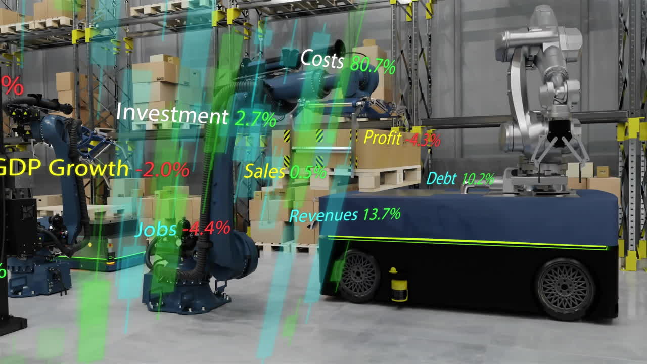 Animation of stock market and diagrams over warehouse