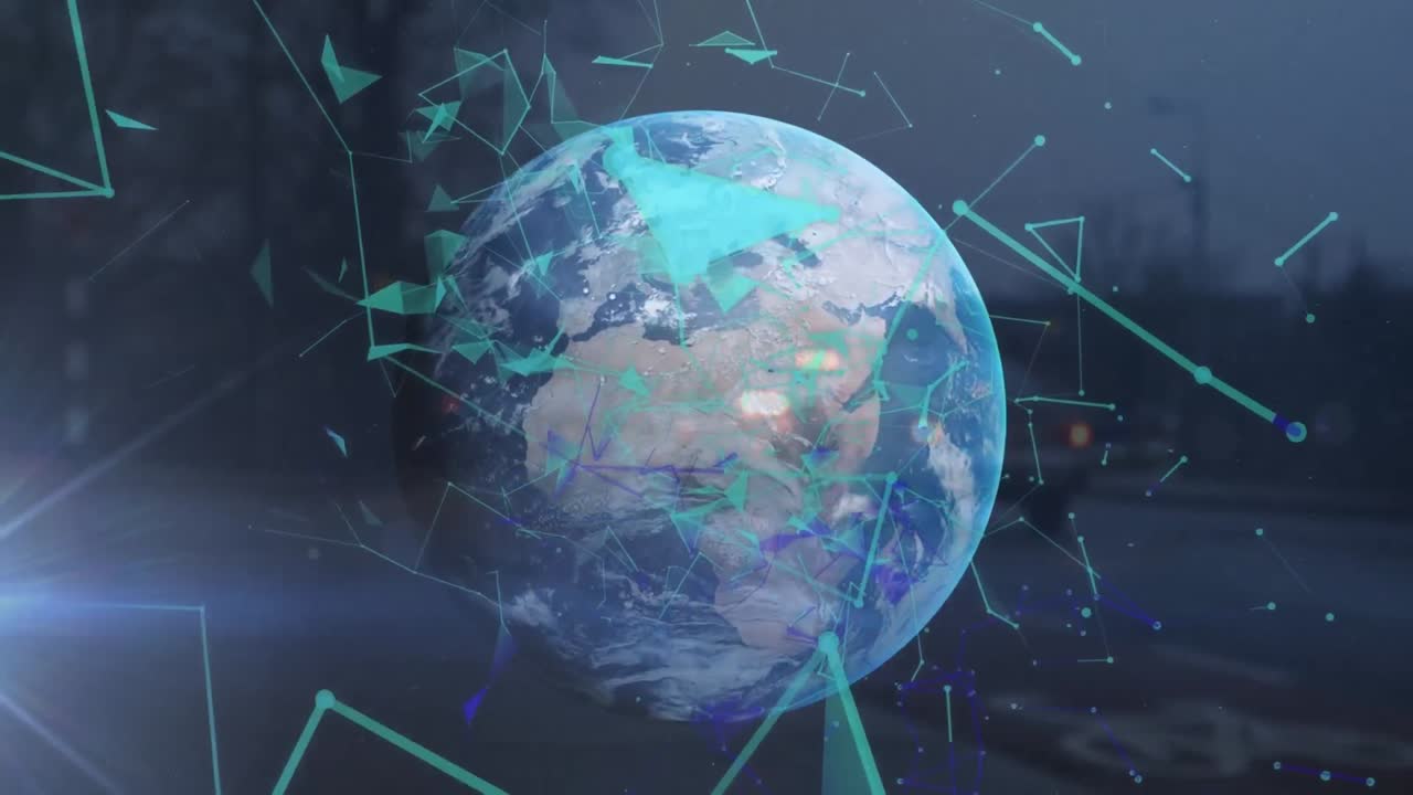 교통과 세계에 대한 연결 네트워크의 애니메이션