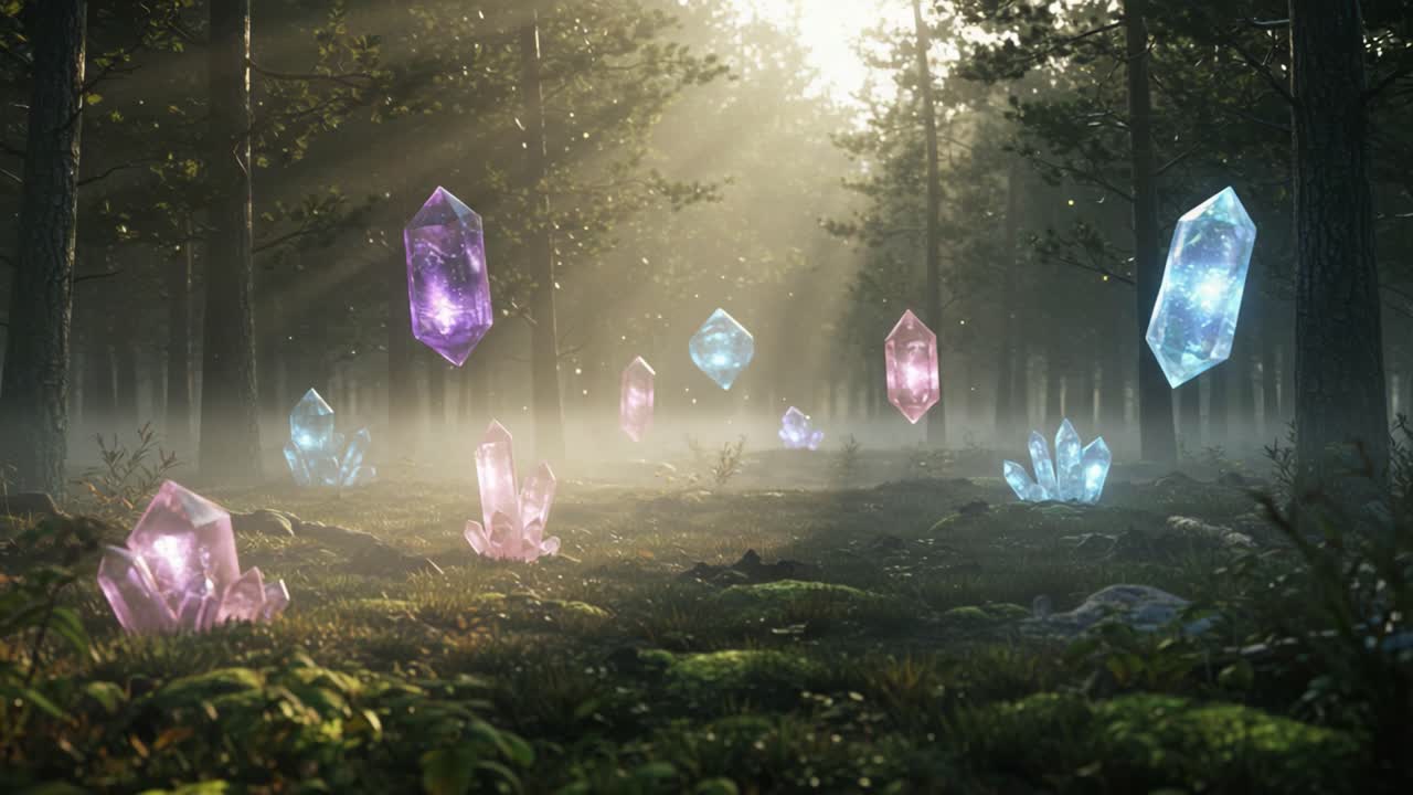 Magical Forest with Ethereal Crystals: A Stunning Display of Colorful Crystals Floating in a Serene, Misty Environnement with Sunlight Filtering Through Pine Trees