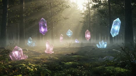 magical forest with ethereal crystals: a stunning display of colorful crystals floating in a serene, misty environnement with sunlight filtering through pine trees