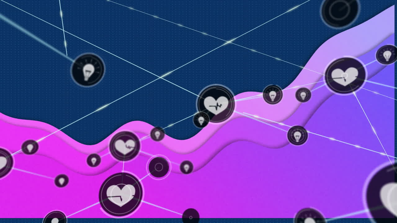 animación de iconos conectados sobre el patrón de onda contra un fondo azul.