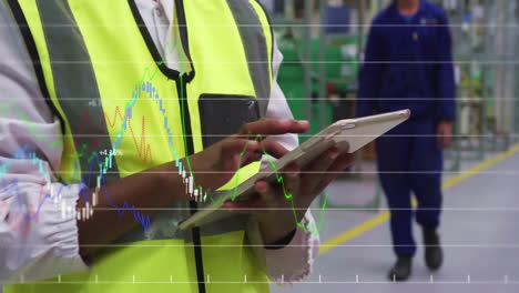 animation of data processing and diagram over biracial male worker using tablet