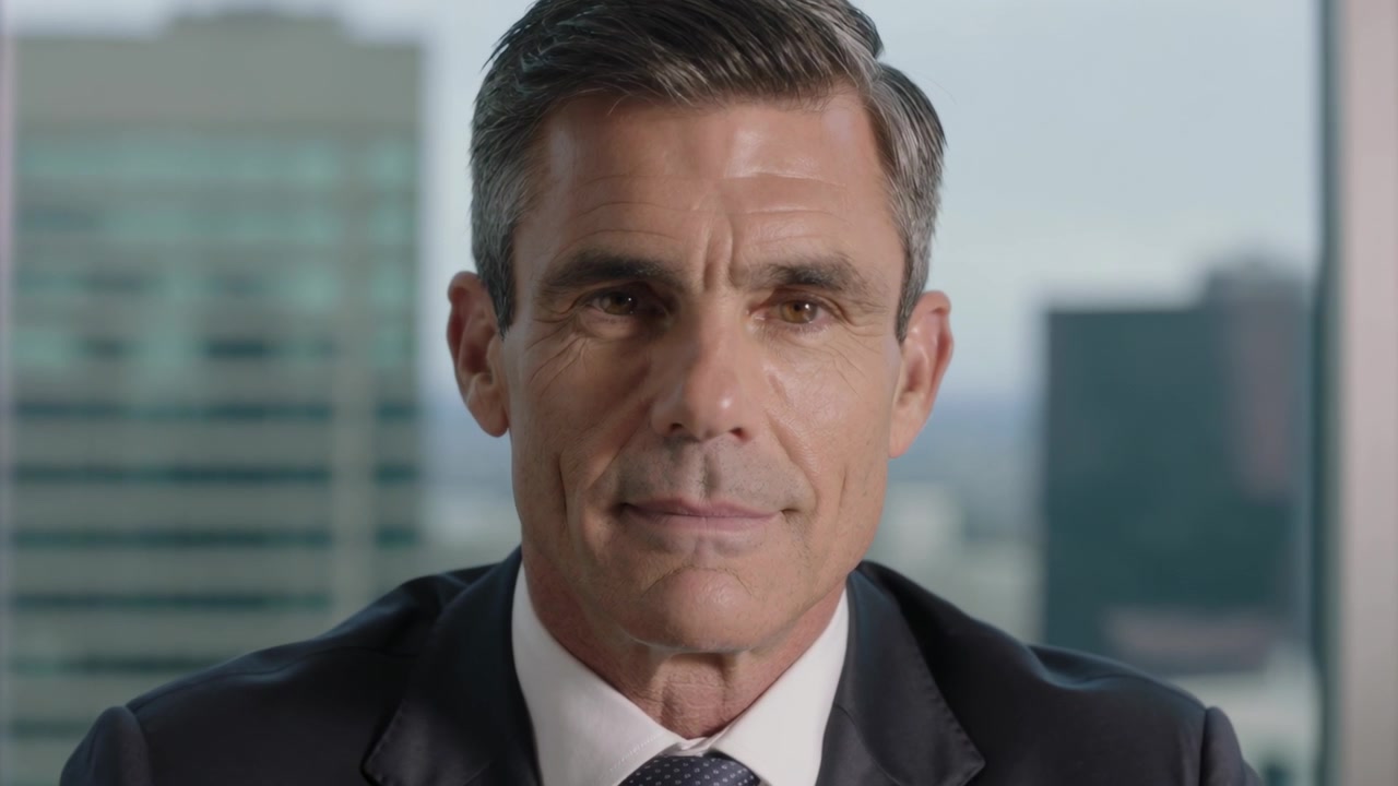 Camera inching closer causing man smiling shifting gaze during tower window interview in suit, tie