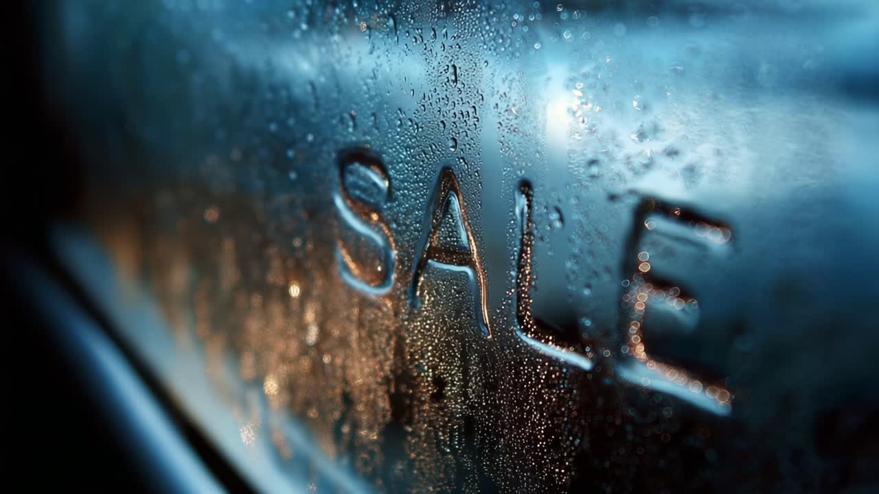Close-up View of a 'SALE' Sign with Water Droplets on Glass, Illuminated by Soft Light, Creating a Visually Appealing and Atmospheric Effect of Wet Surfaces and Retail Promotions