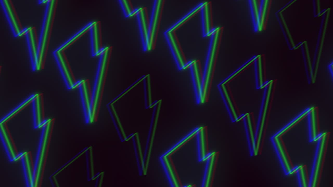 Seamless neon thunderstorm pattern with glitch effect on black gradient