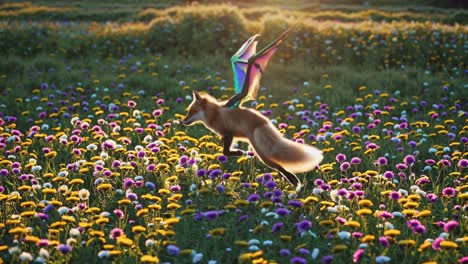 fox with wings in a field of flowers
