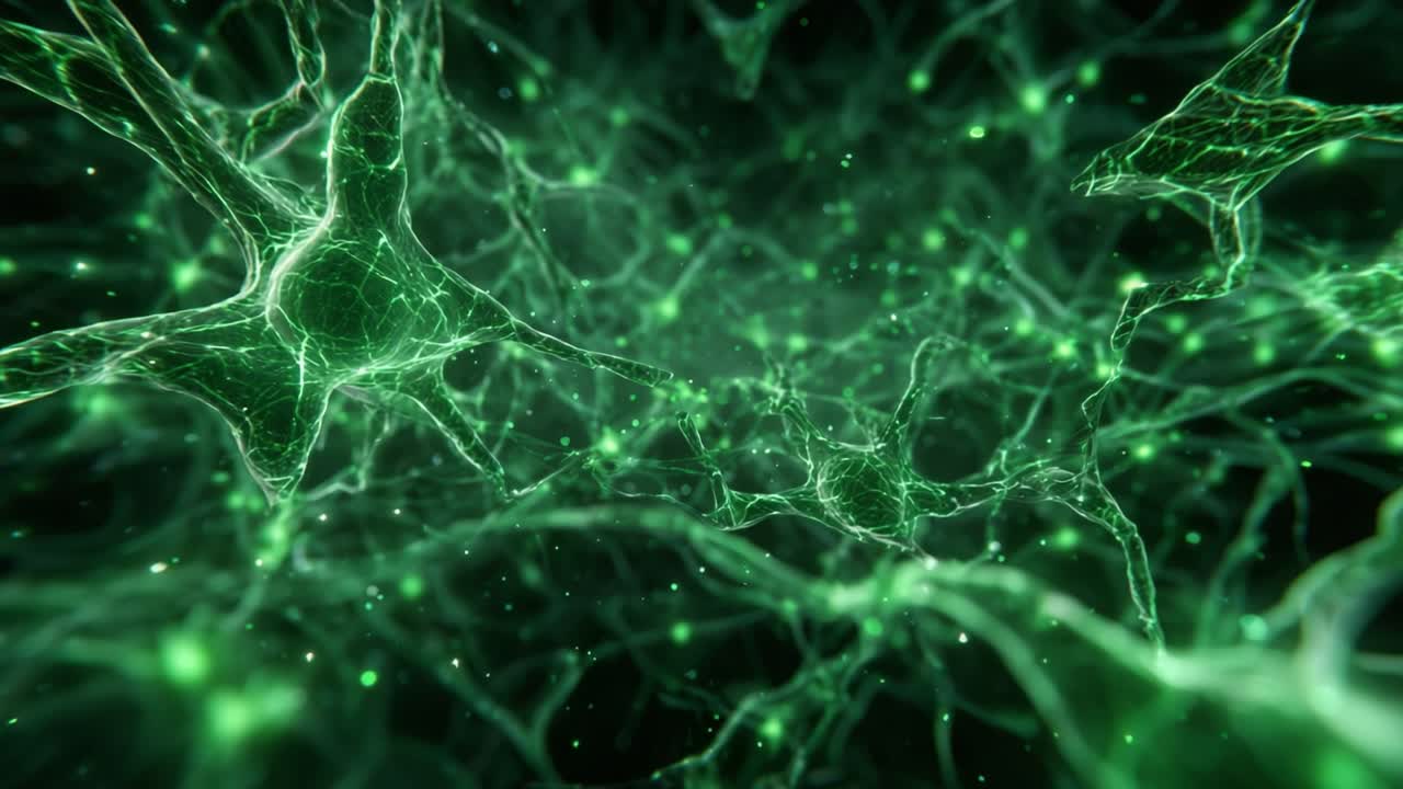 Journey inside the human brain with a microscopic view of a complex neural network, showing neurons communicating with each other by sending electrical impulses through their synapses