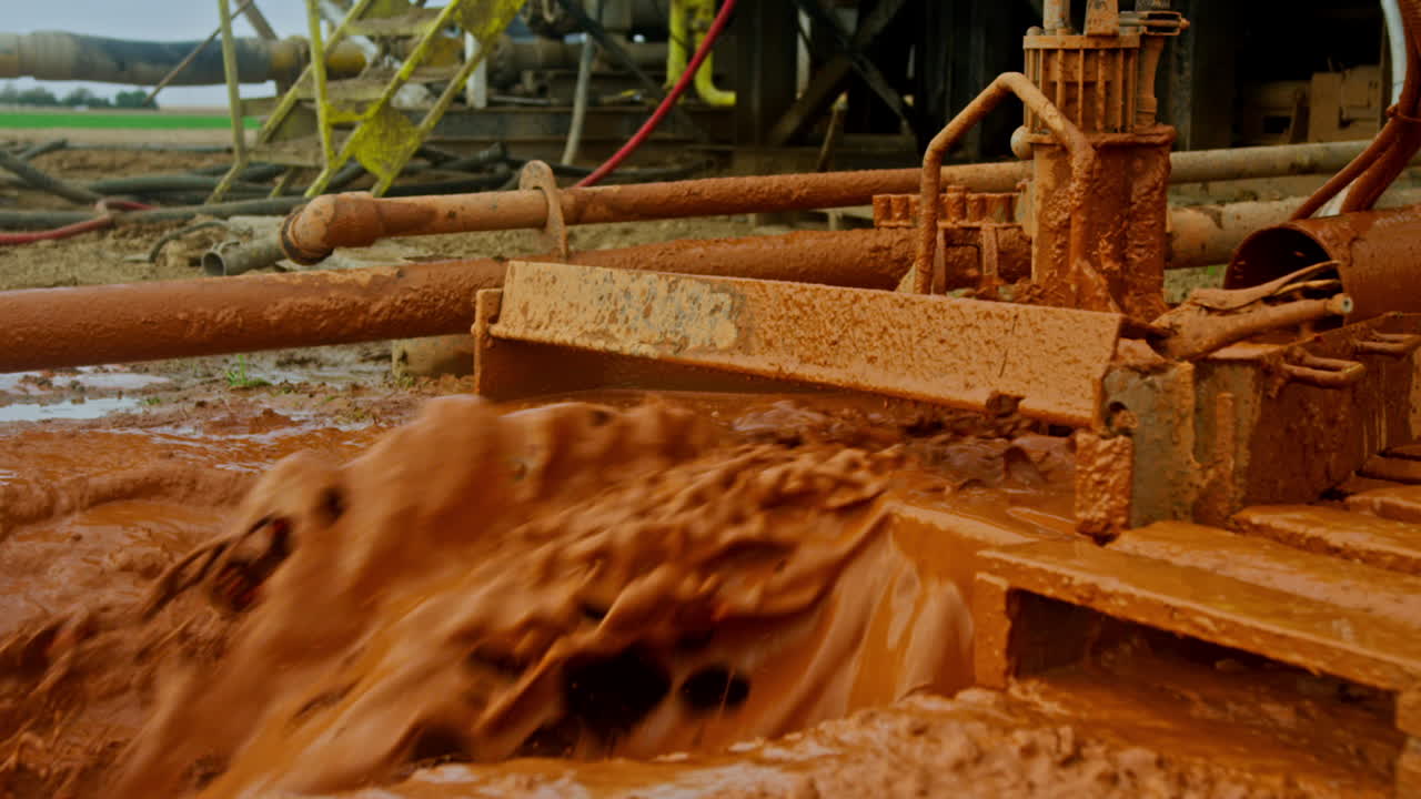 Orange liquid flowing by the metal construction under pressure. Equipment for drilling oil or gas.