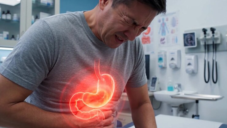 Photorealistic man in a bright doctor's examination room holding his painful stomach area, the stomach glowing red-orange at its anatomical position