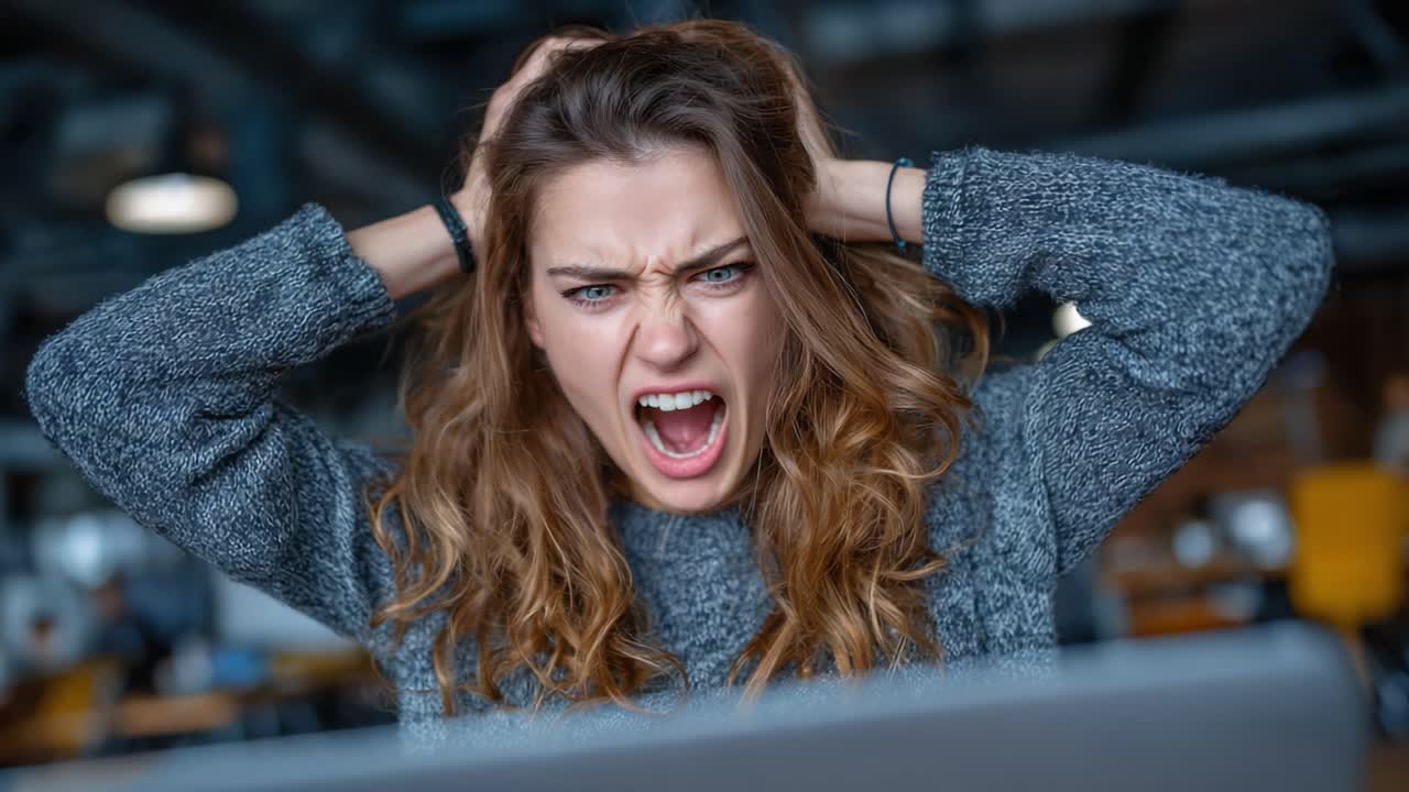 A Frustrated Young Woman Expresses Her Anger While Looking at a Computer Screen, Capturing the Emotions of Stress and Overwhelm in a Modern Workspace Setting