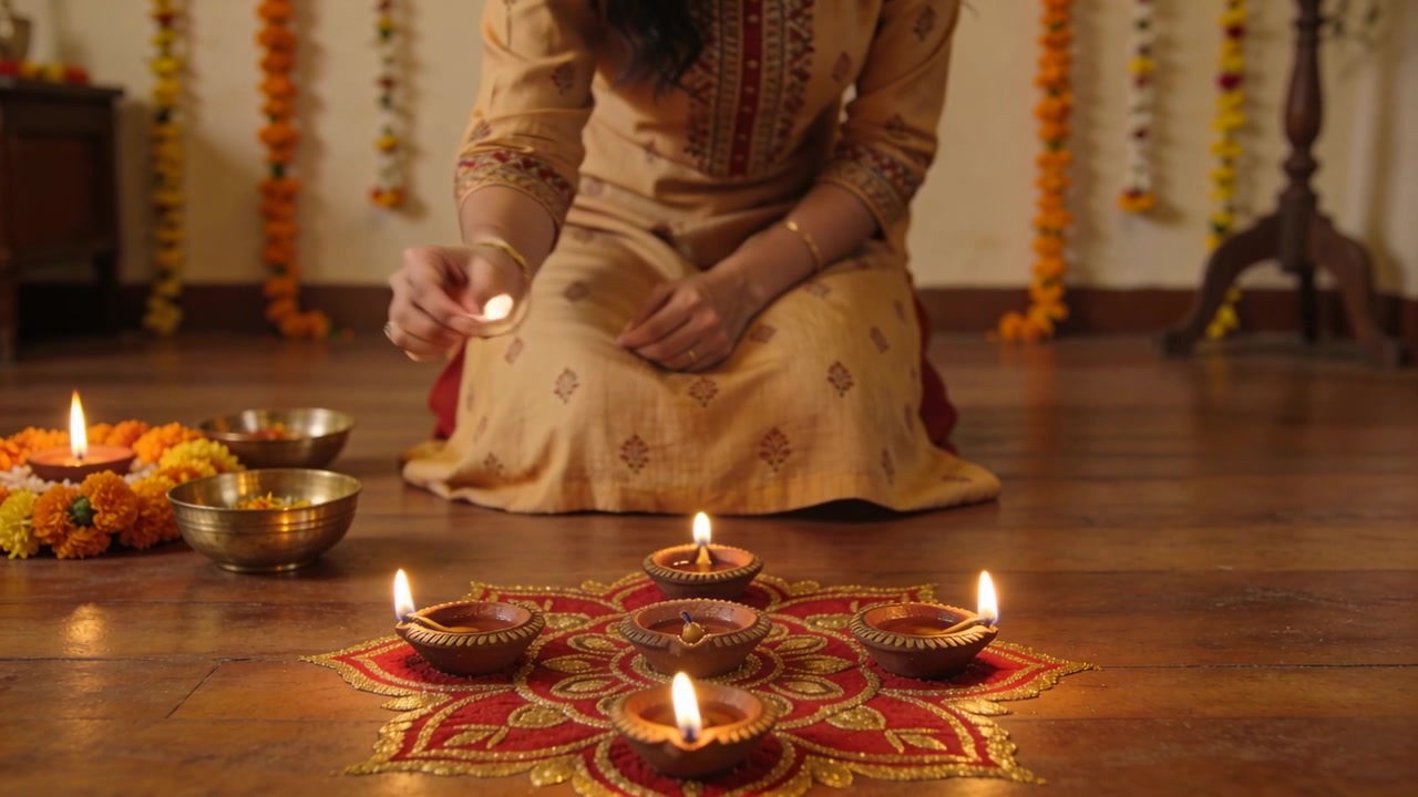Donna inginocchiata in kurta che accende un fiammifero, illuminando delle diya su un rangoli decorato con calendule per una puja.